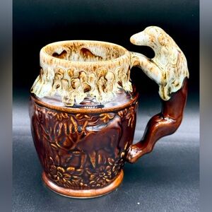 6" Brown Drip Glaze Green Rockingham Harker 1840 USA Hunting Hound Dog Stag Mug